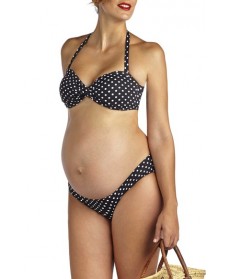 Pez D'Or Polka Dot Print Twisted Bandeau Maternity Bikini  - Black