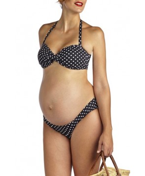 Pez D'Or Polka Dot Print Twisted Bandeau Maternity Bikini - Black
