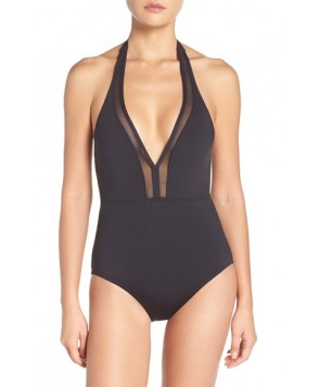 Tommy Bahama Mesh Solids Plunge Halter One-Piece Swimsuit - Black
