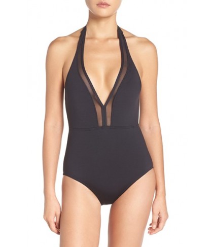 Tommy Bahama Mesh Solids Plunge Halter One-Piece Swimsuit - Black